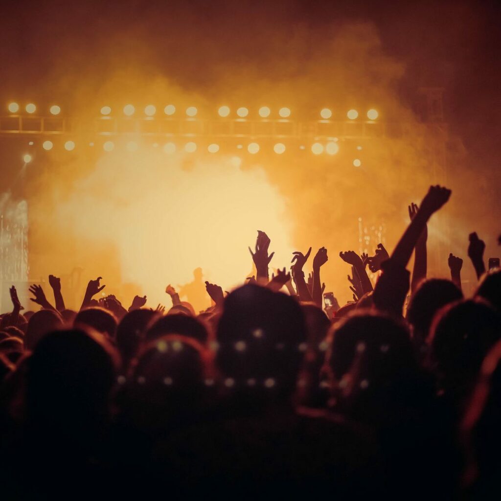 Foule nombreuse lors d’un concert, gestion des flux par un dispositif de sécurité